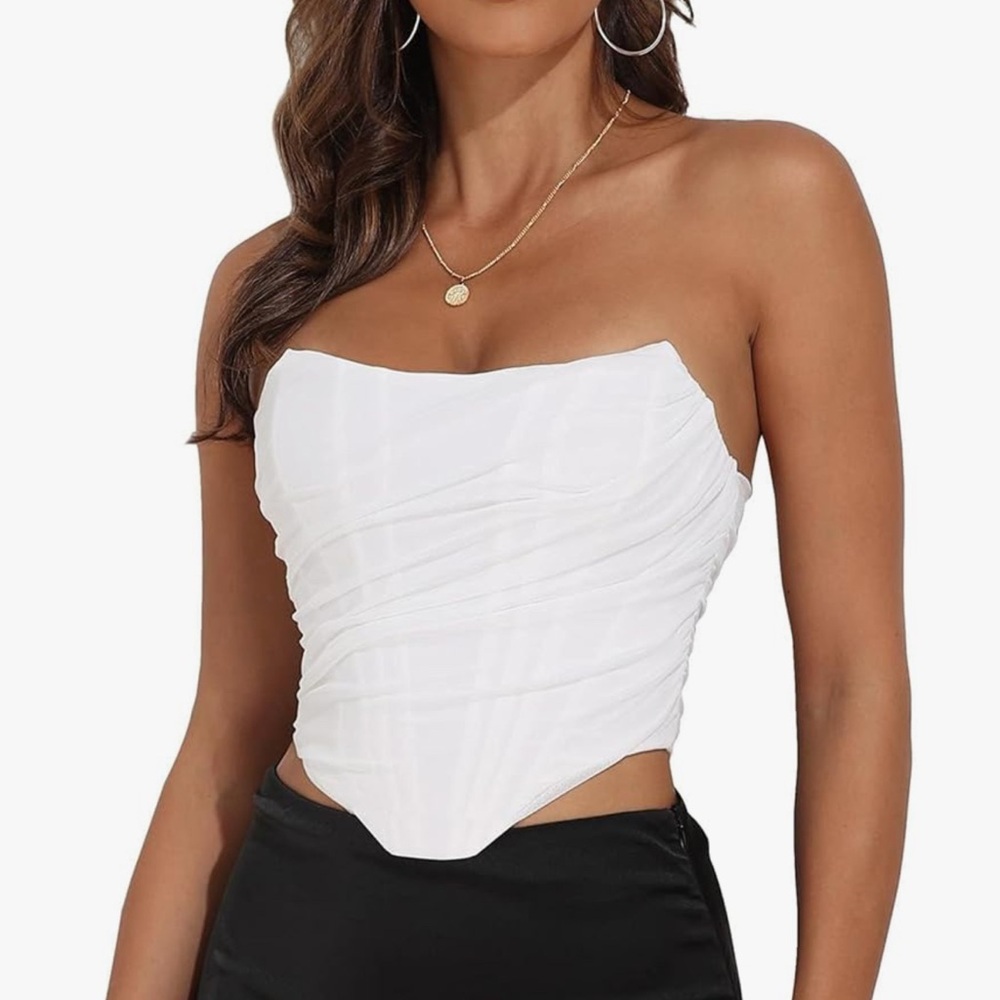 White Strapless Corset-Style Top – Ruched Bustier Fit